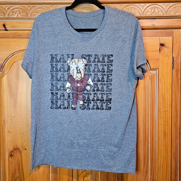 Gray Mississippi State University MSU‎ T-Shirt Raw Hem No Size Measures As M/L - Picture 1 of 5